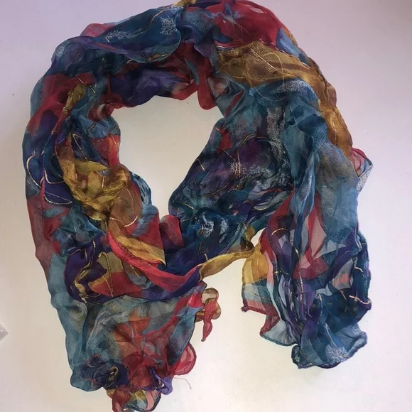 Vintage Multicolor Lightweight Sheer Scarf - Blue, Red & Gold - Picture 2 of 7